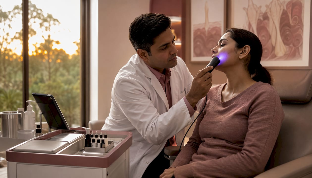 Clinician conducting Wood's lamp pigmentation exam on cheek