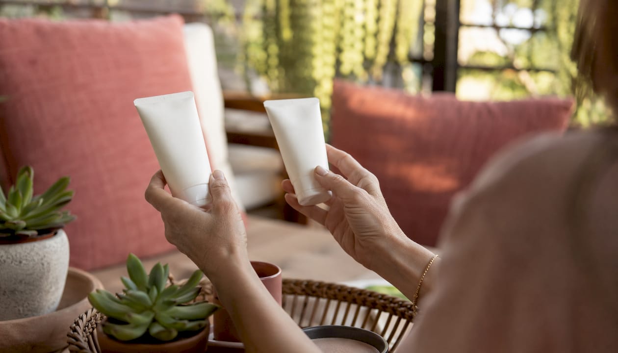 Hands holding chemical and mineral sunscreens overhead