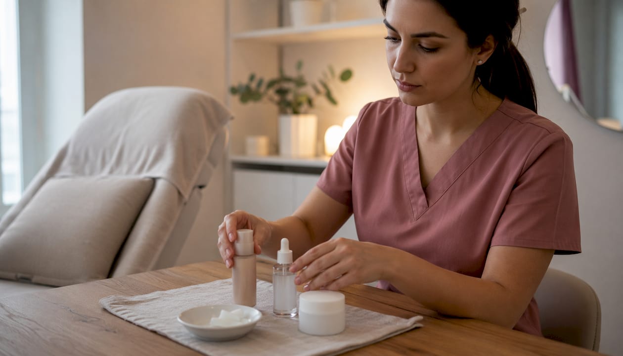 Clinician arranging pigmentation treatment skincare products