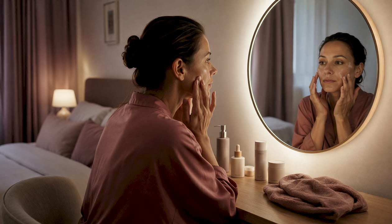 Woman applying serum to facial skin at vanity