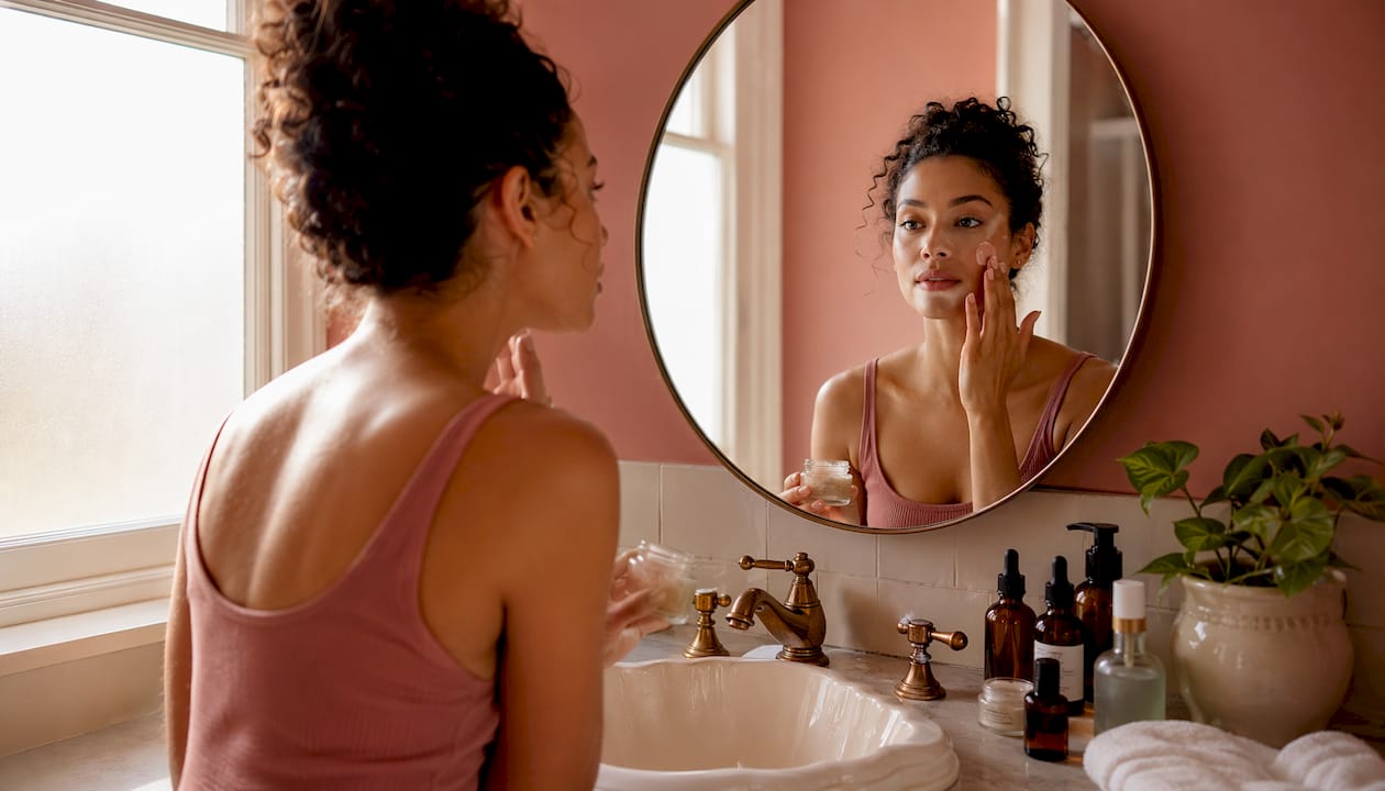 Side profile applying retinoid cream to face