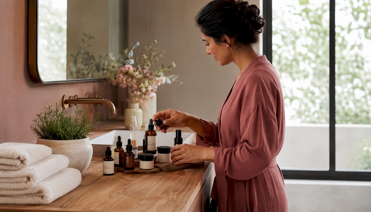 Woman organizing minimal skincare products on bathroom counter