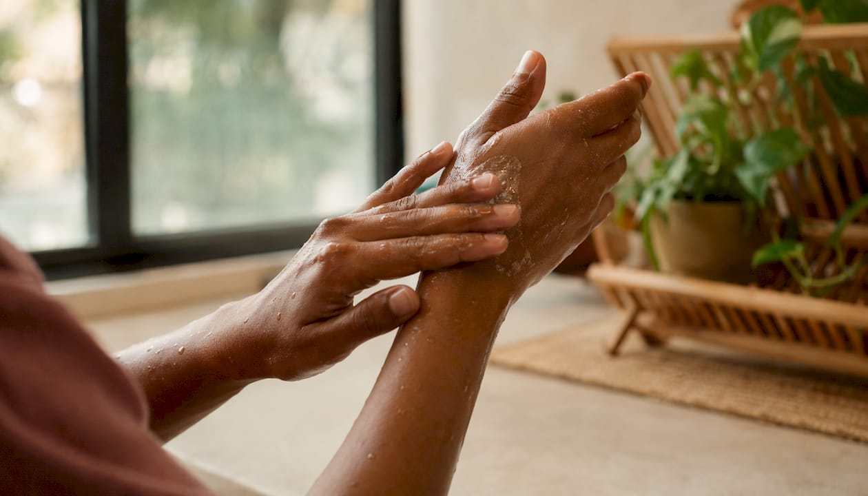 Close-up hands applying gentle cleanser on skin
