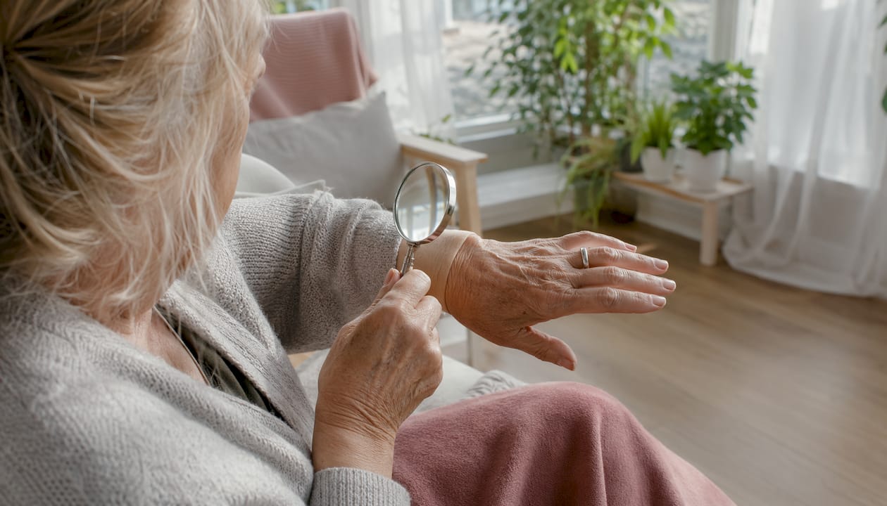 Overhead view of elderly hands inspecting skin wrinkles