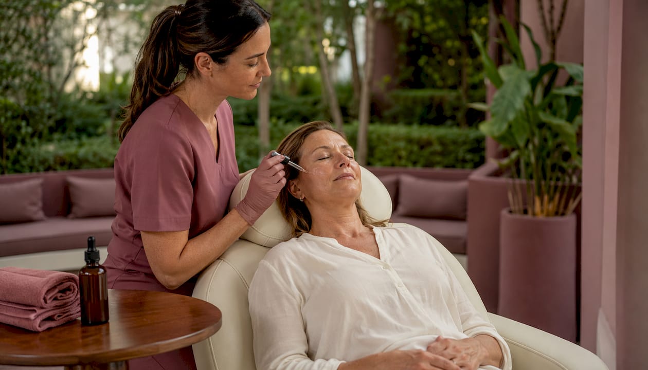 Skin professional applying serum in spa treatment room
