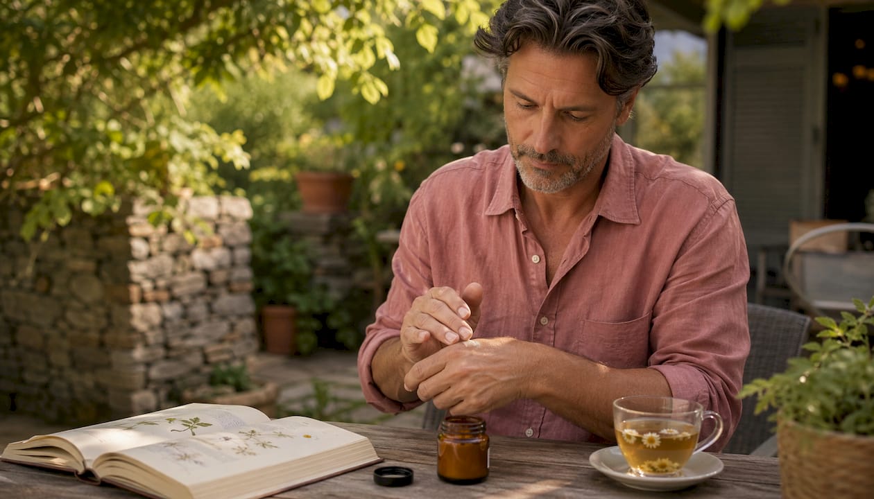 Man applying Vitamin E cream at home