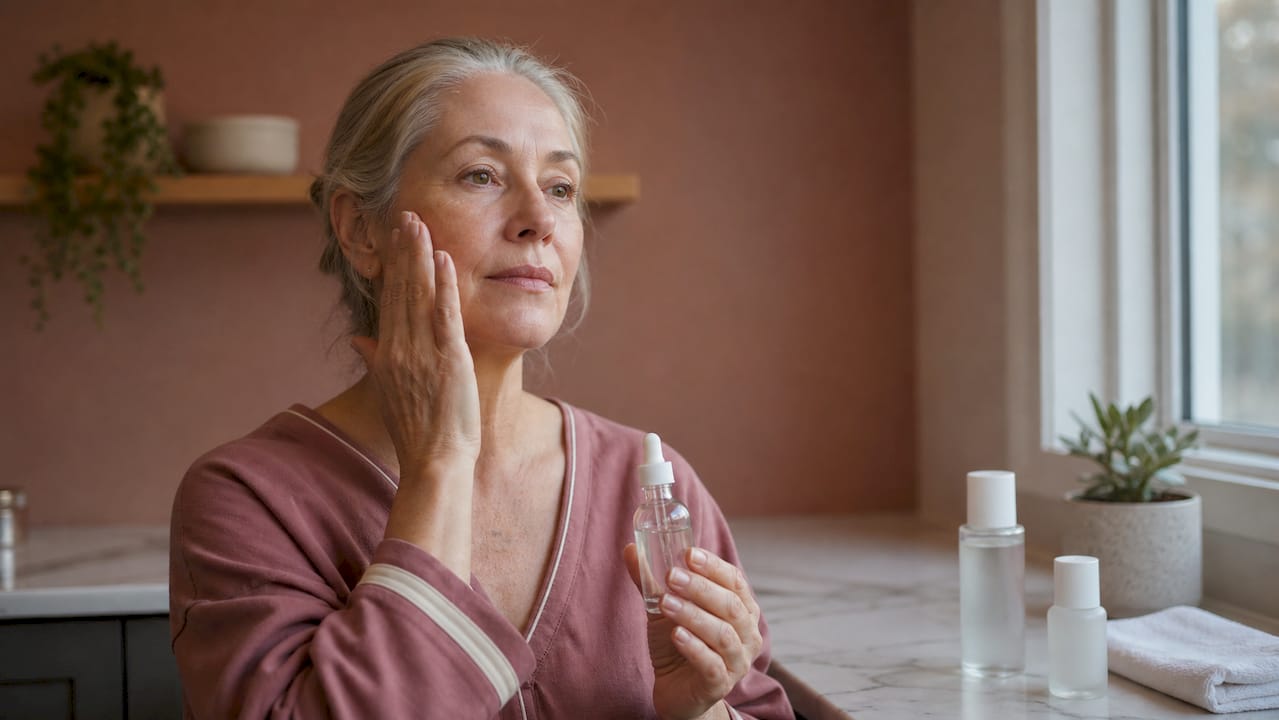 Hands applying Vitamin C serum on face