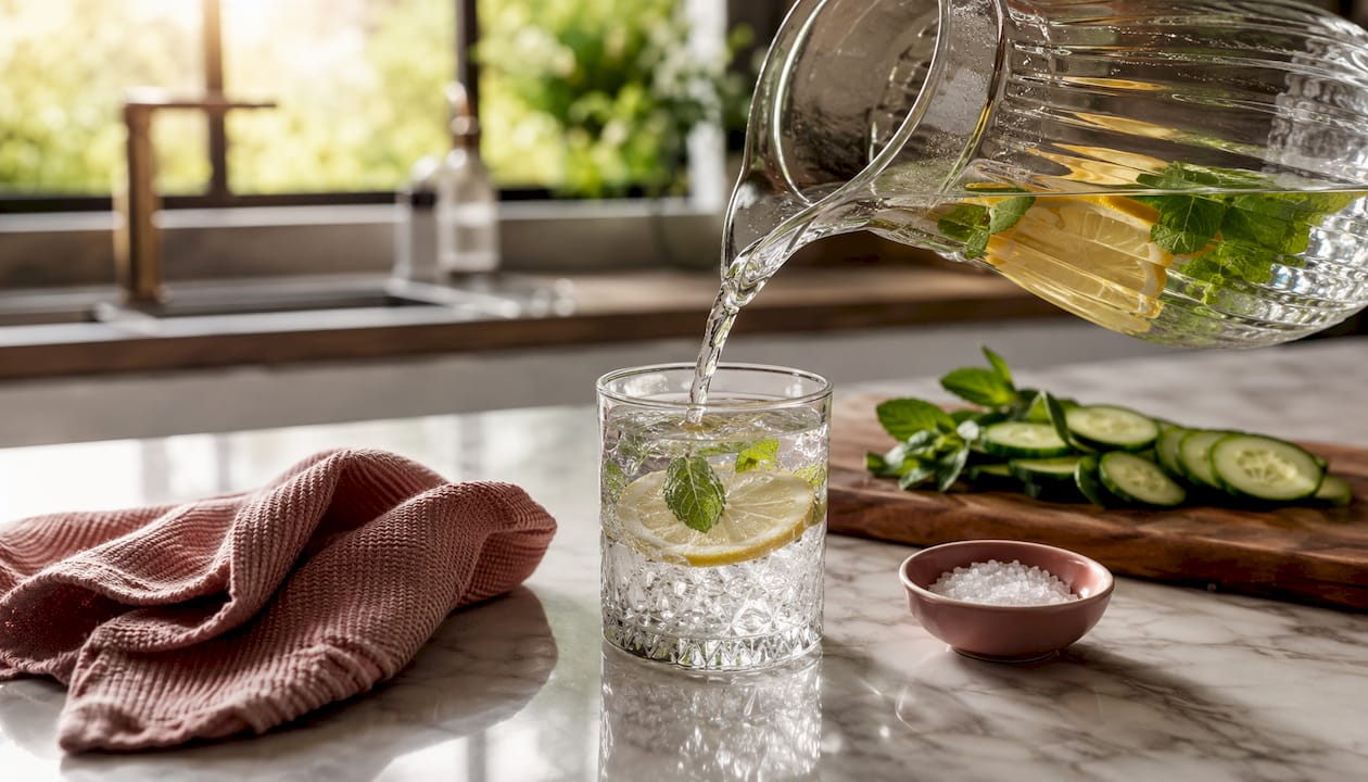 Glass of lemon water with fresh ingredients