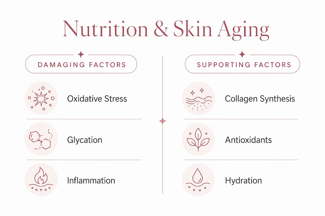 Infographic comparing nutrition's damaging and supporting skin aging factors