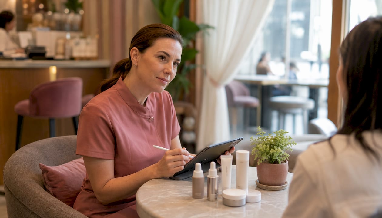 Skincare clinician consulting client in clinic
