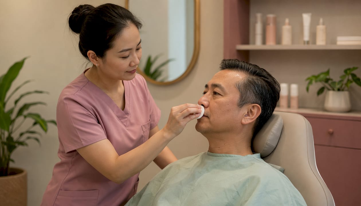 Clinician applying sunscreen after treatment
