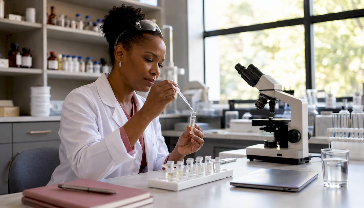 Scientist examining sunscreen samples in lab