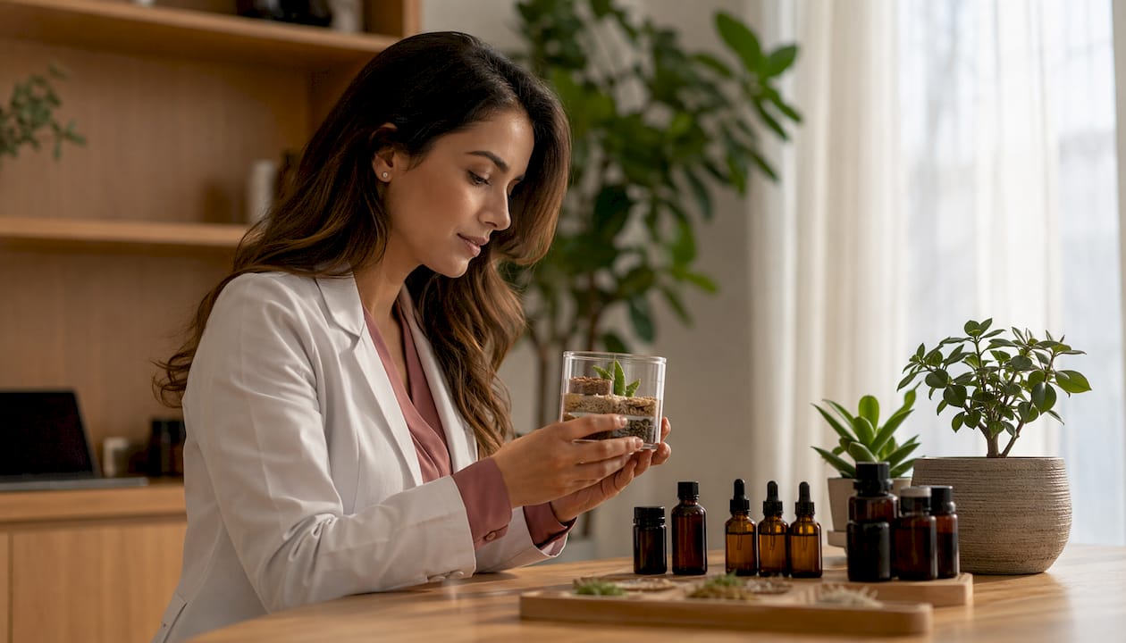 Dermatologist displaying natural skincare ingredients in clinic