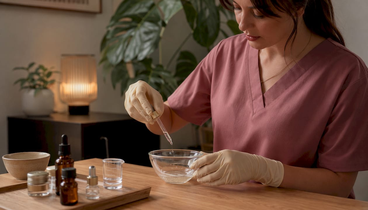 Hands preparing natural skin brightening treatment in clinic