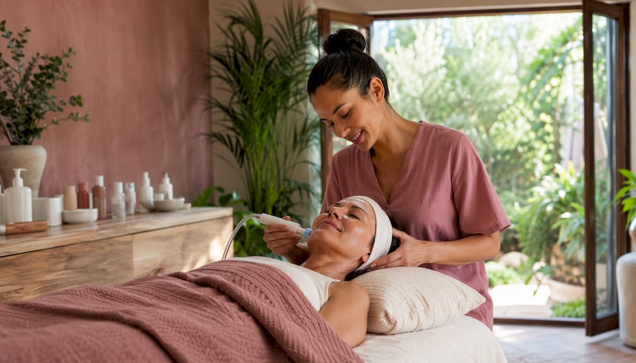 Esthetician performing facial treatment in spa room