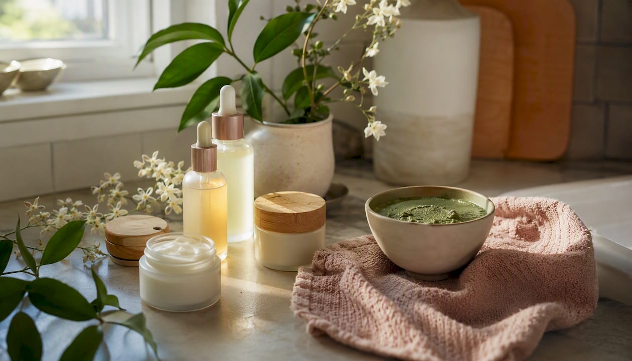 Flat lay of organic skincare products and botanicals