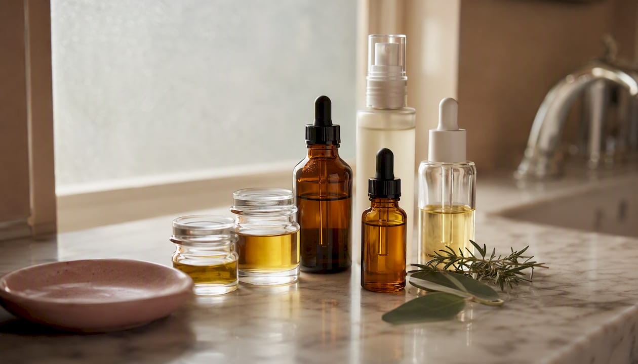 Variety of clean skincare ingredient bottles