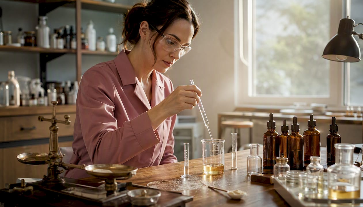 Formulator measuring clean skincare ingredients