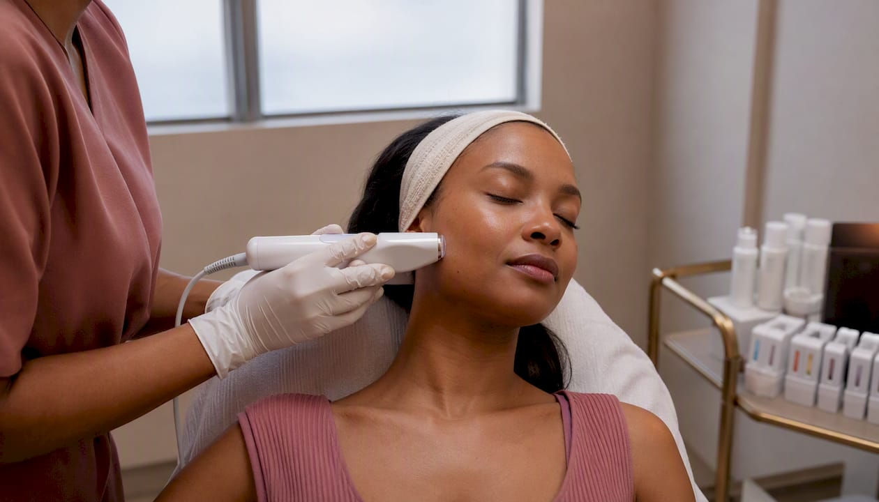 Close-up of microfocused ultrasound device on patient's cheek