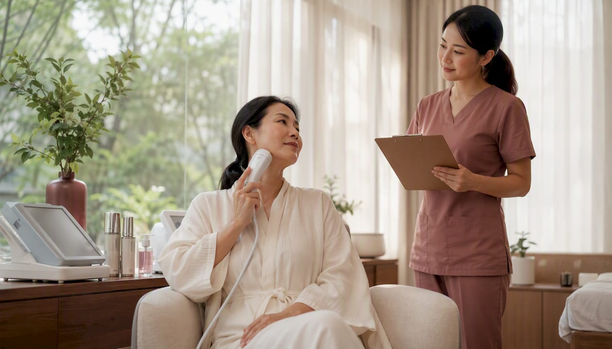 Woman receiving needle-free skin rejuvenation treatment in clinic