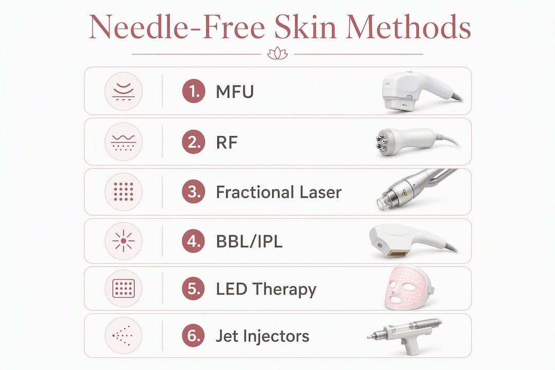 Infographic showing six needle-free skin rejuvenation methods as vertical steps