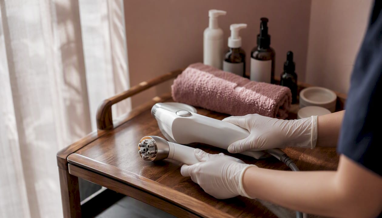Hands preparing skin tightening devices in clinic