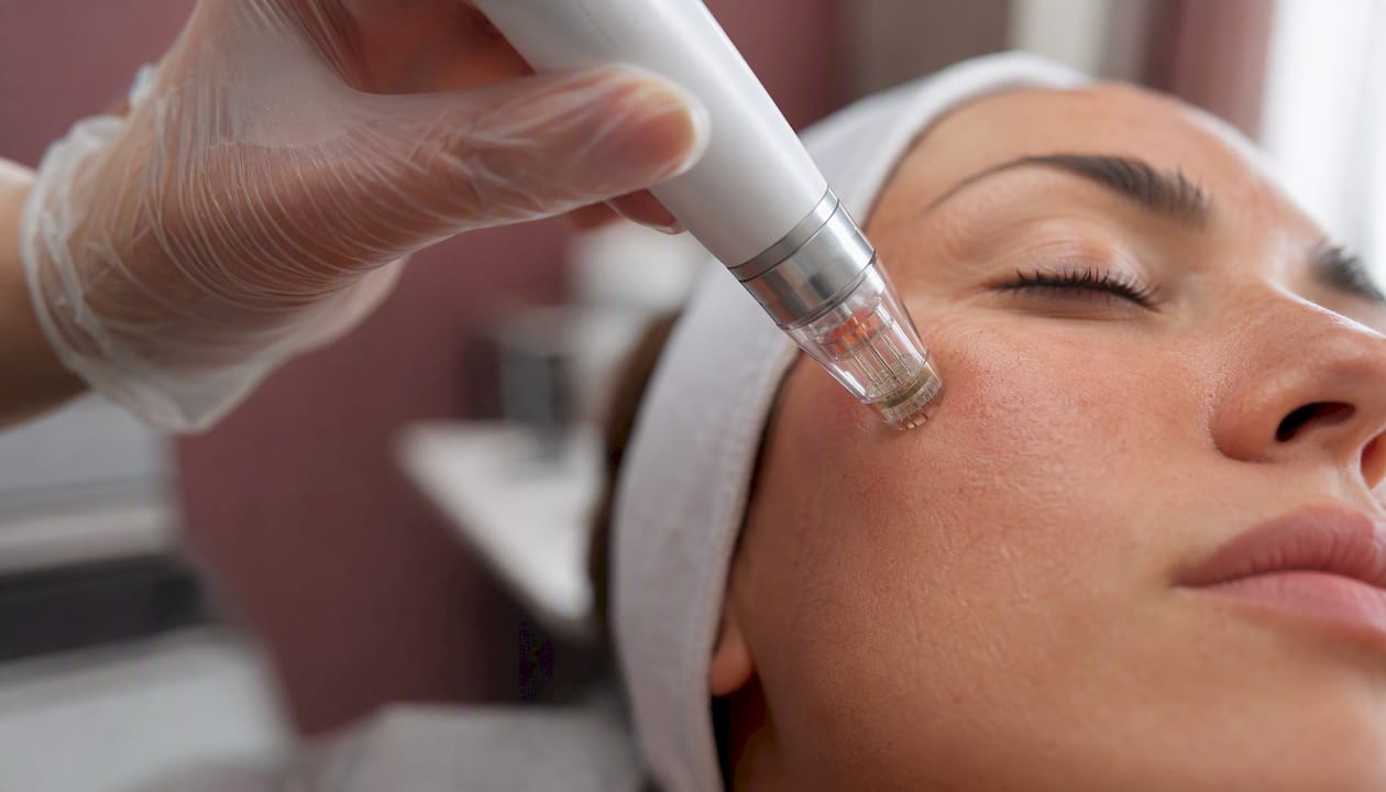 RF microneedling device tip on skin close-up