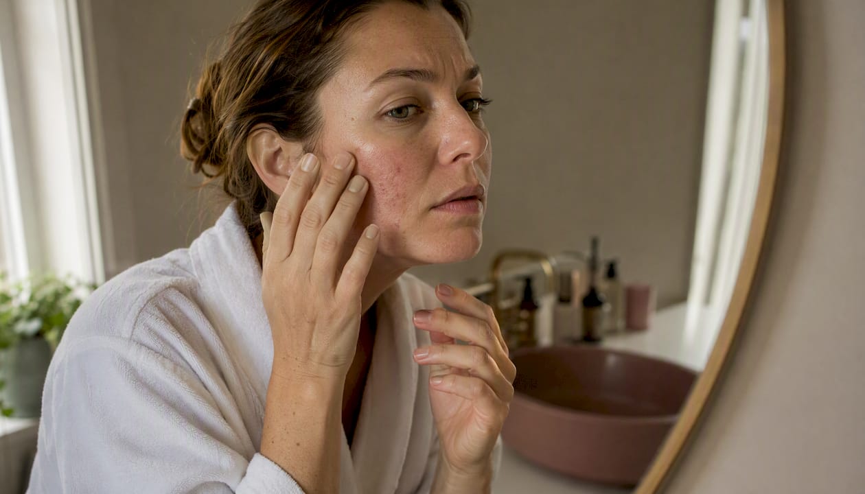 Woman inspecting irritated facial skin with fingertips