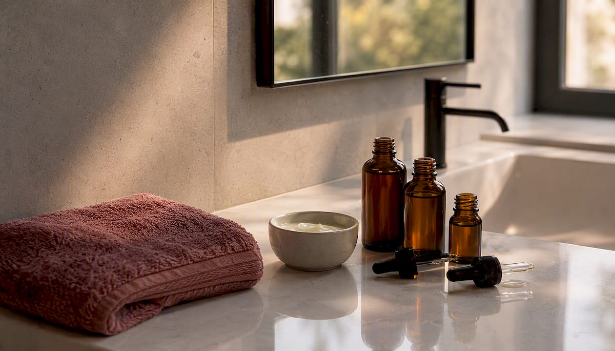 Minimalist skincare bottles and towel on countertop