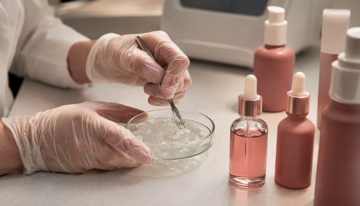 Clinician preparing skin collagen gel in lab dish
