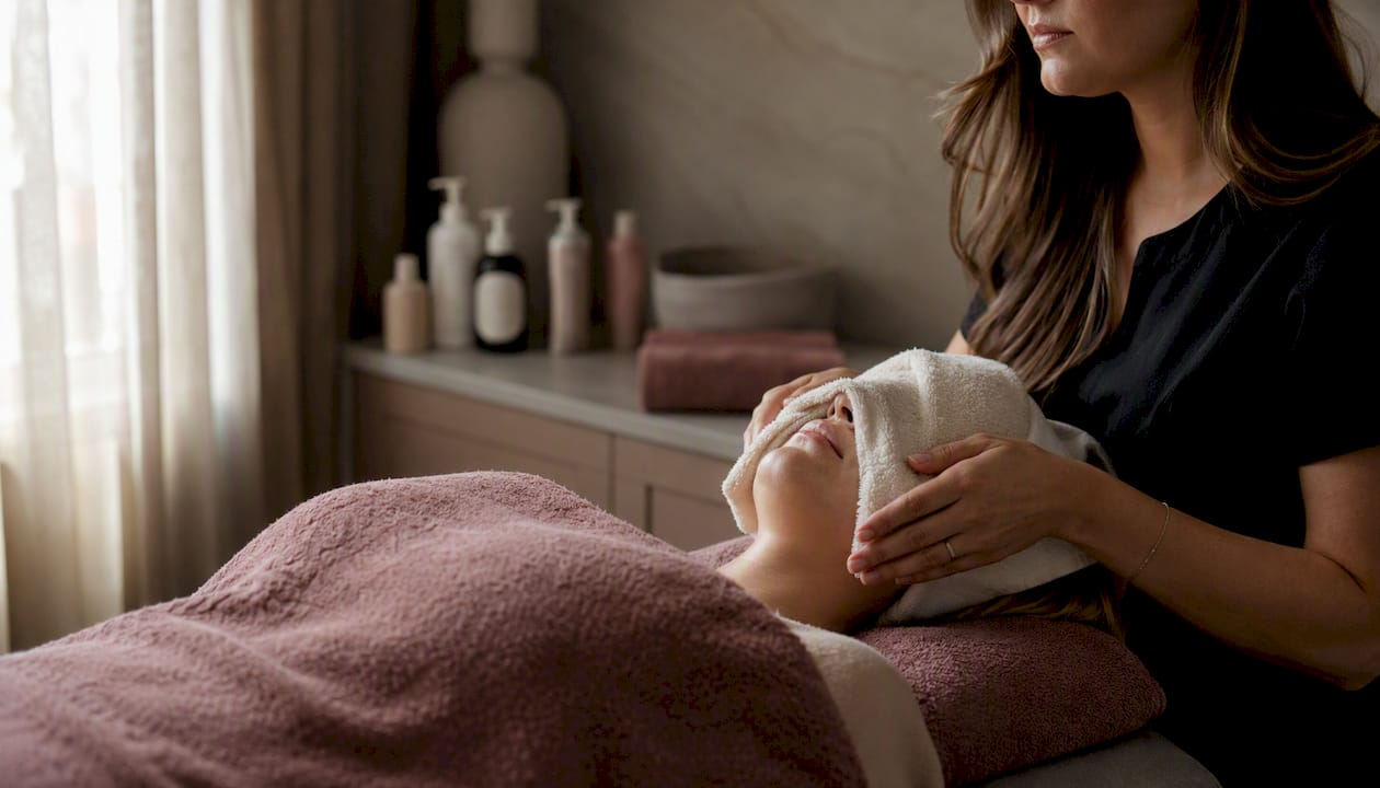 Clinician applying warm towel over face after enzyme peel
