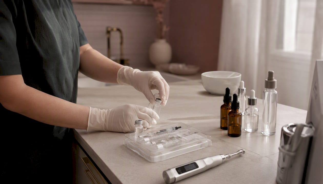 Gloved hands arranging surgical and diagnostic instruments