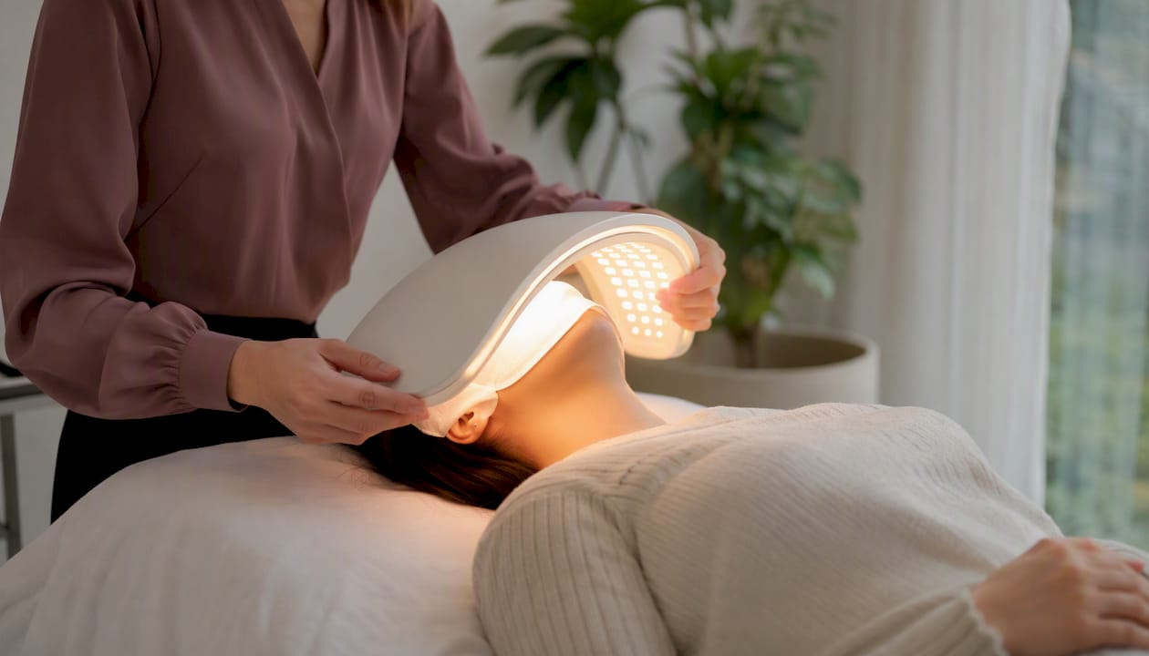 Woman receiving LED skin therapy session
