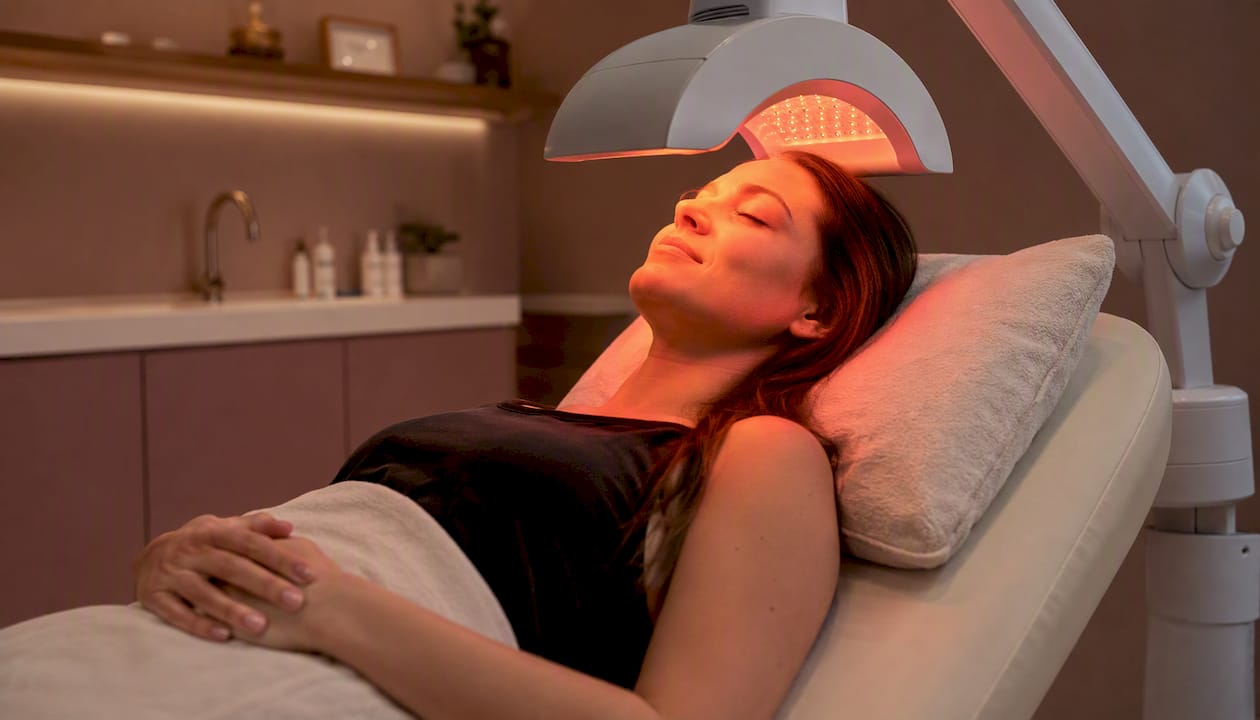 Red light therapy device over face