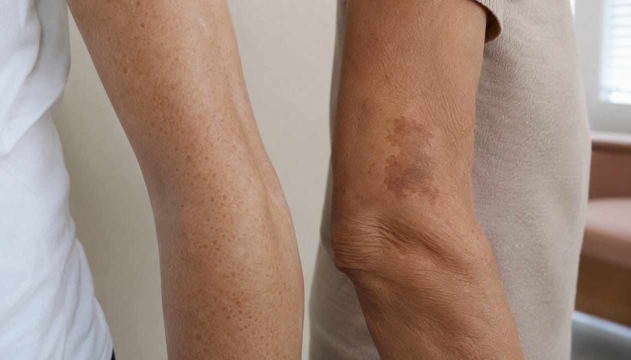 Close-up of freckles and sunspot side by side