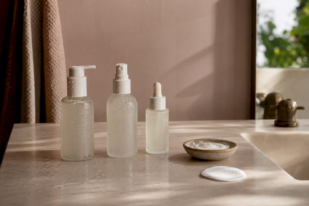 Minimalist skincare bottles on bathroom shelf