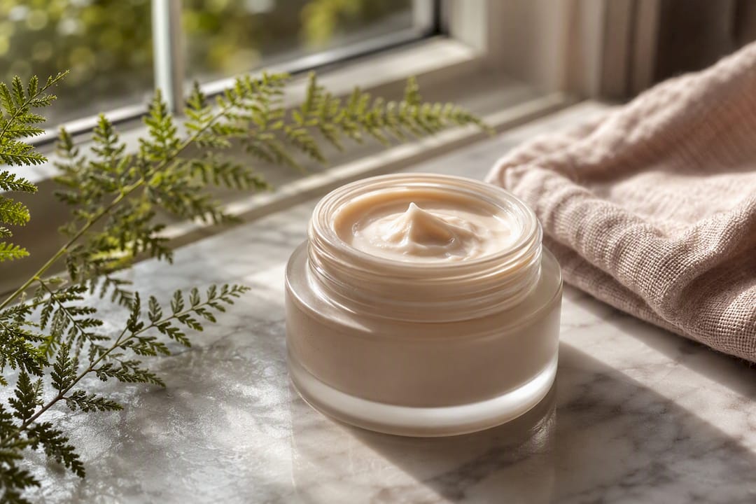 Open jar of moisturizer with botanical elements