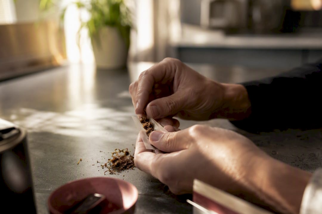 Hands rolling tobacco cigarette close-up