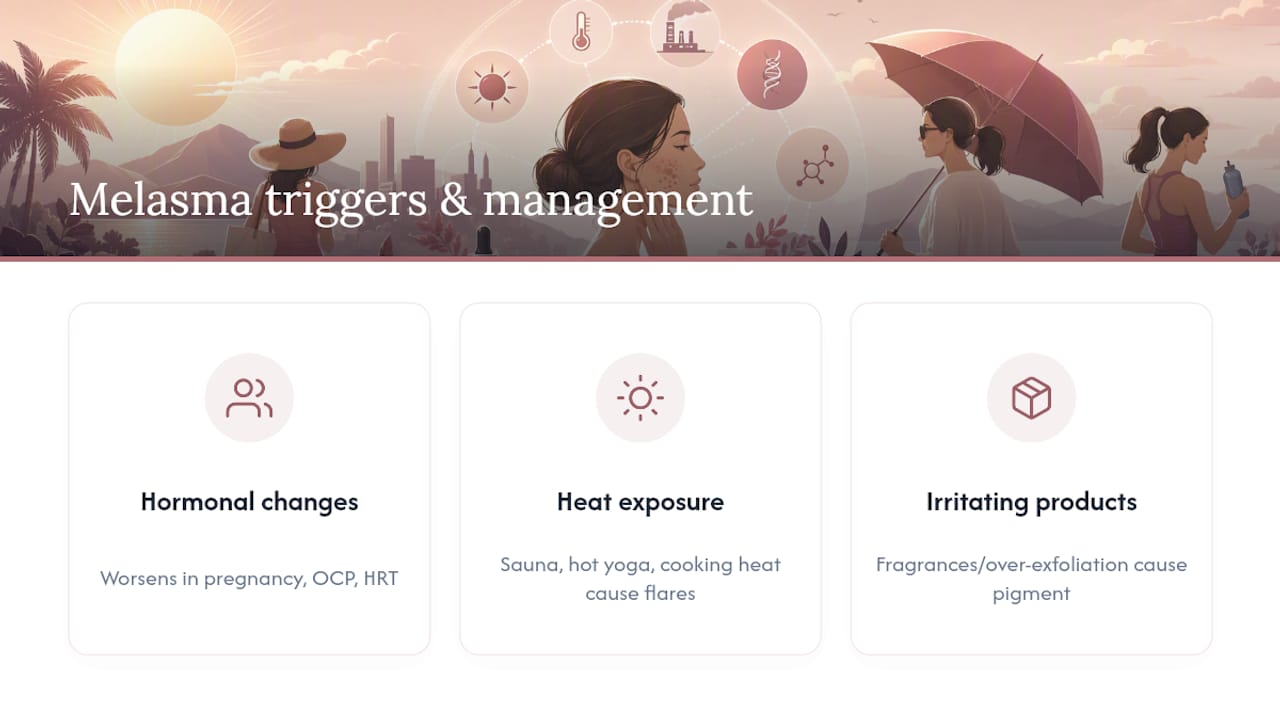 Diagram of melasma triggers and management strategies