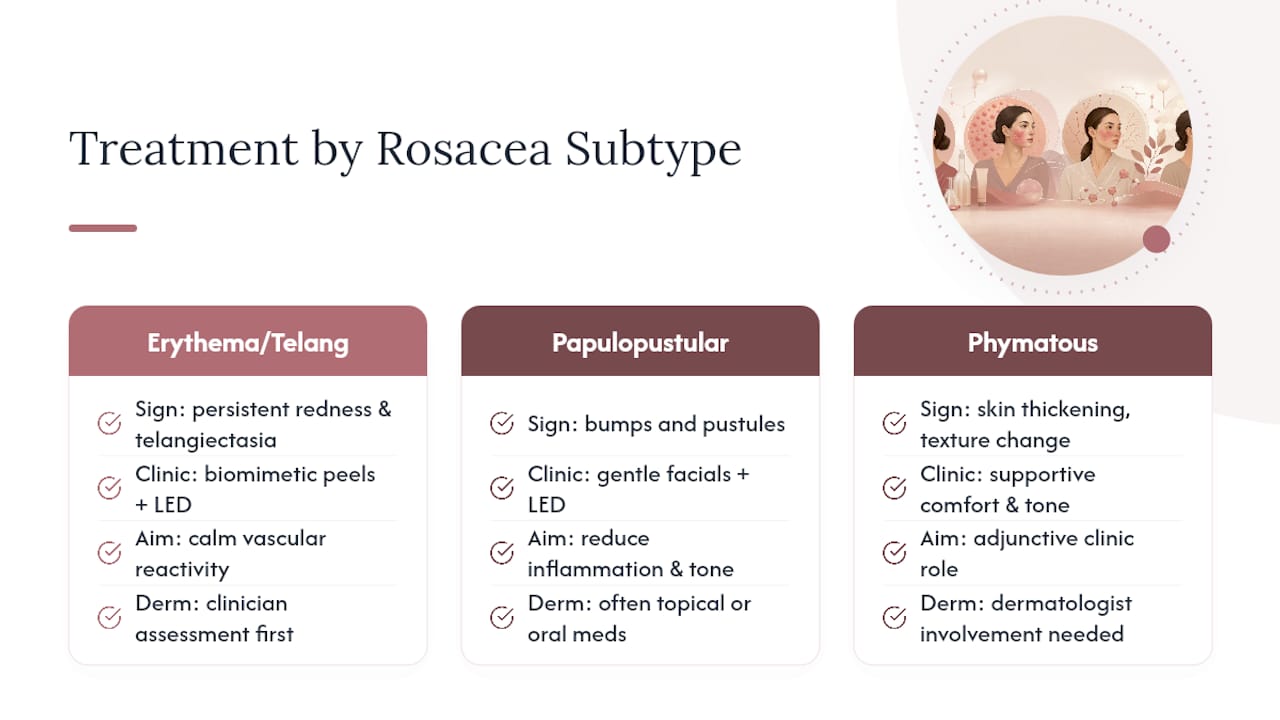 Diagram comparing rosacea subtypes and treatment approaches