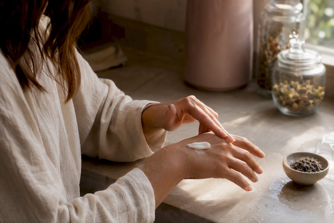 Woman applying skincare cream on hand