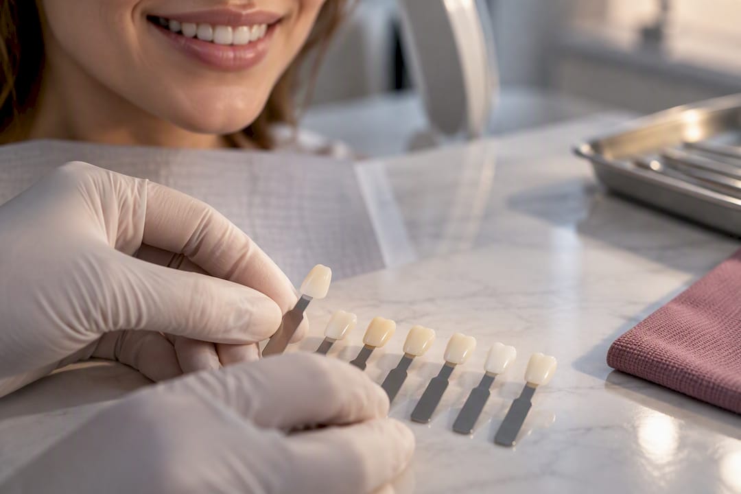 Dental shade tabs beside a natural smile