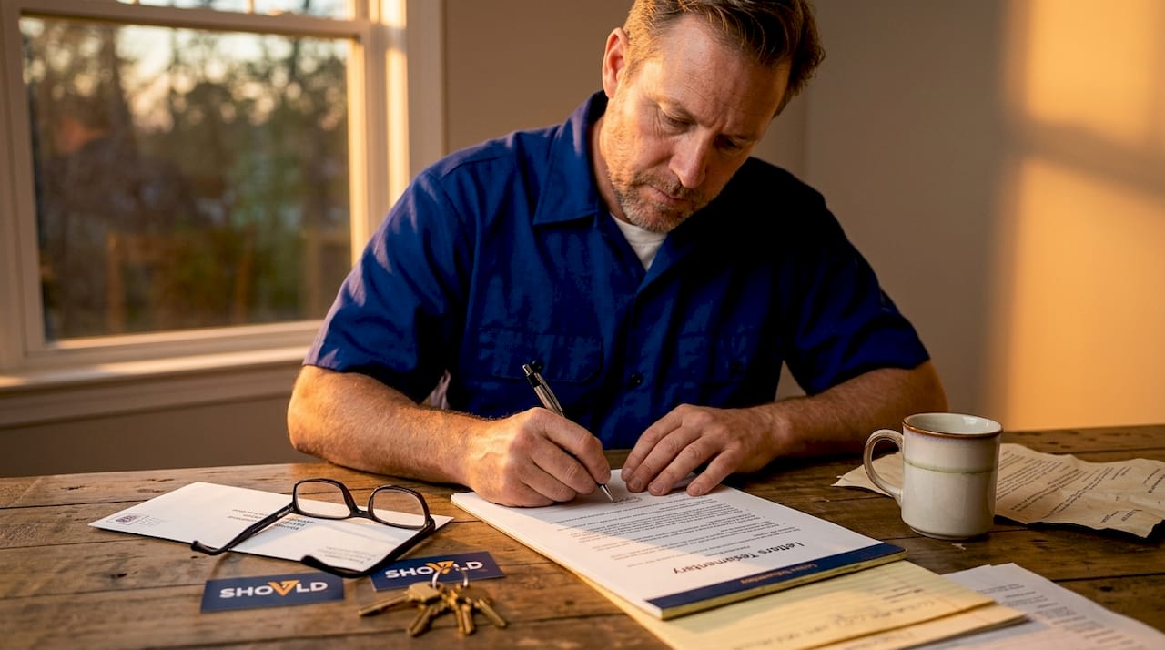 Executor signing estate probate documents at kitchen table