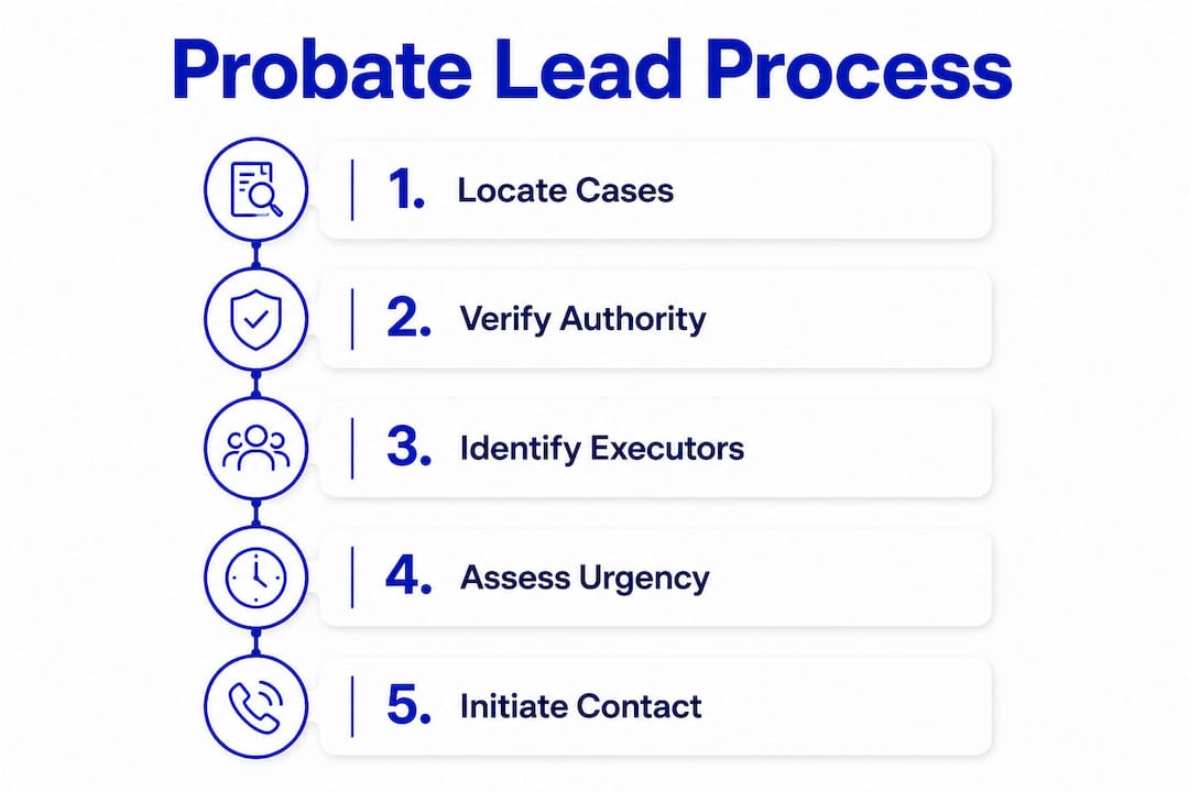 Infographic illustrating five steps in probate lead generation process