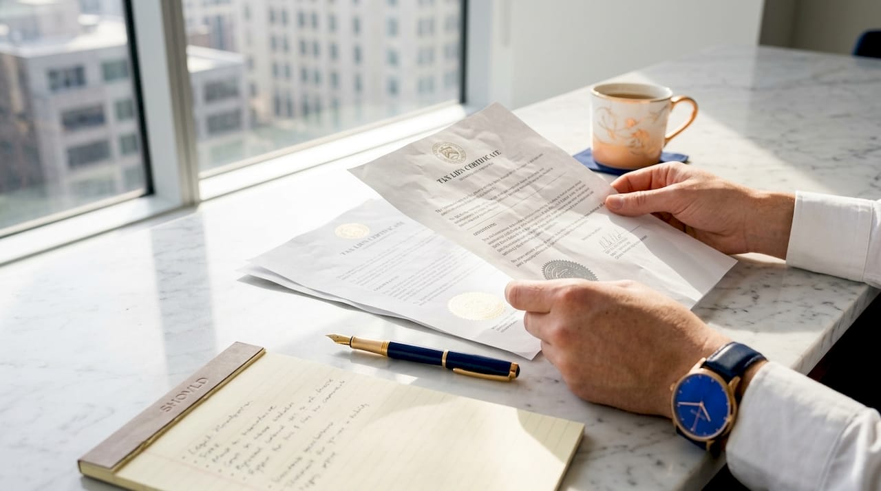 Hands holding official tax lien certificates