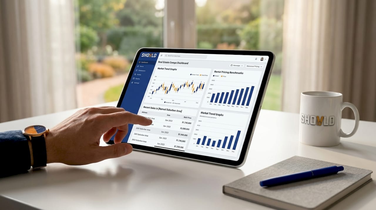 Tablet showing real estate comps API dashboard