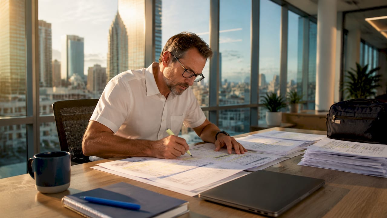 Analyst reviewing real estate data documents at desk