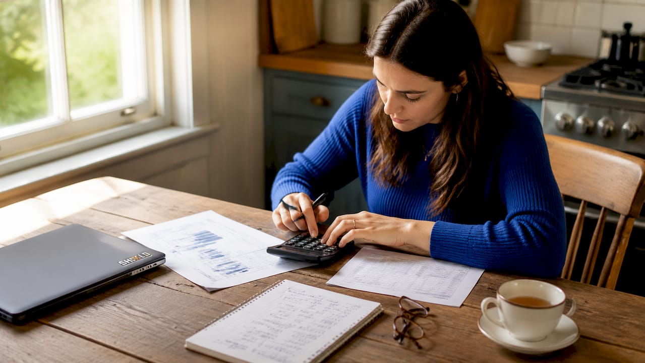 Hands of analyst recalculating financial metrics
