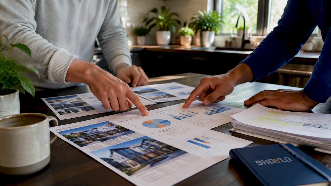 Overhead view of hands reviewing real estate documents