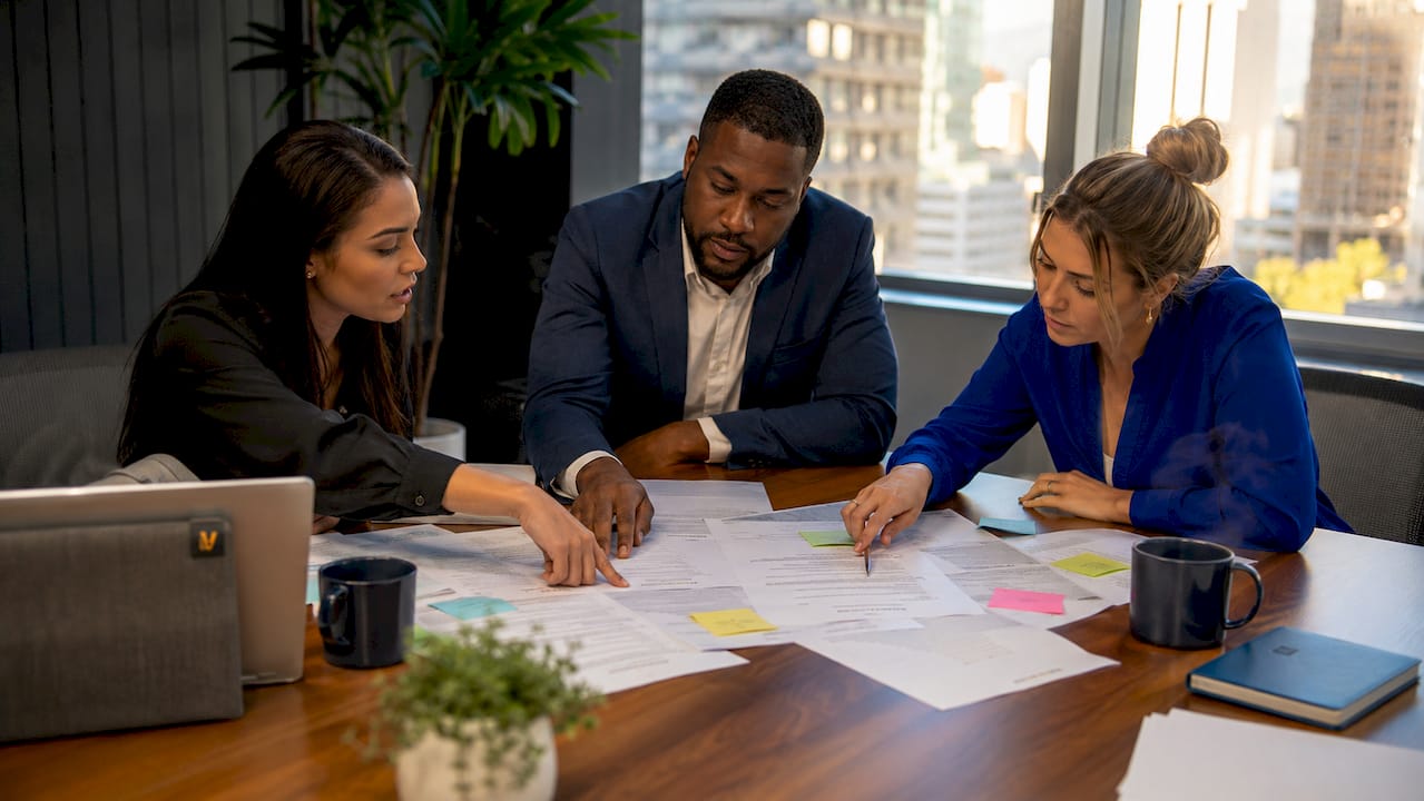 Team reviewing property claim documents in meeting